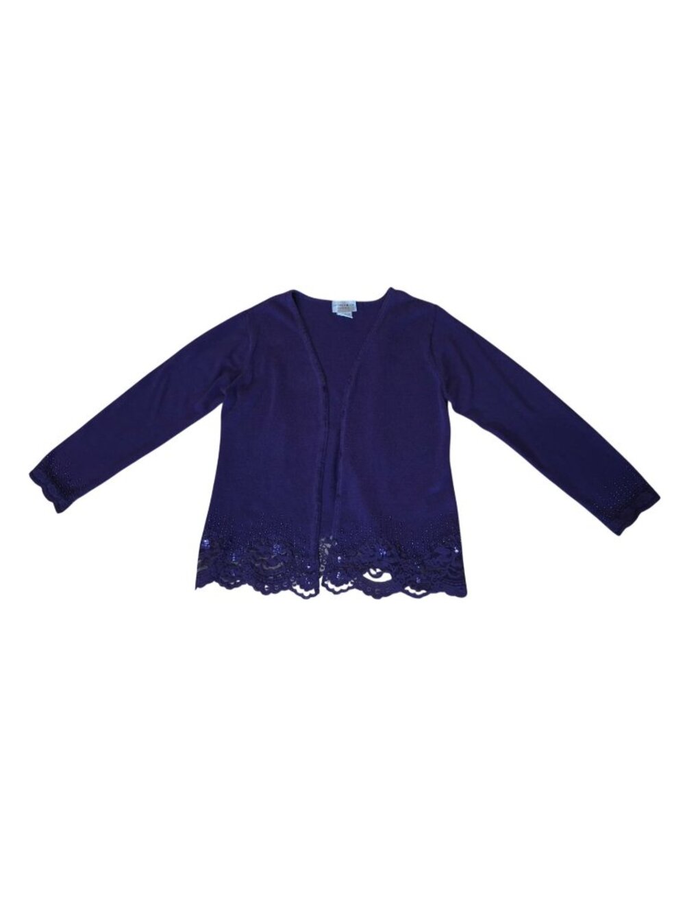 Jaclyn Smith Cardigan Lace Sequin Hem Long Sleeve Large Purple Rayon Ramie Knit